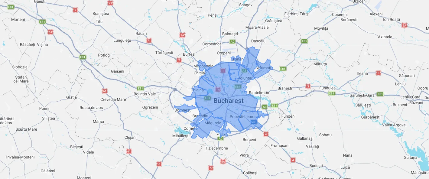 Hartă cu zona de intervenții pentru București și localități din Ilfov